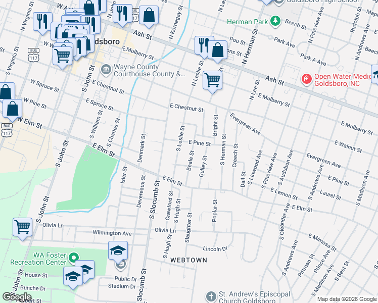 map of restaurants, bars, coffee shops, grocery stores, and more near 411 Beale Street in Goldsboro