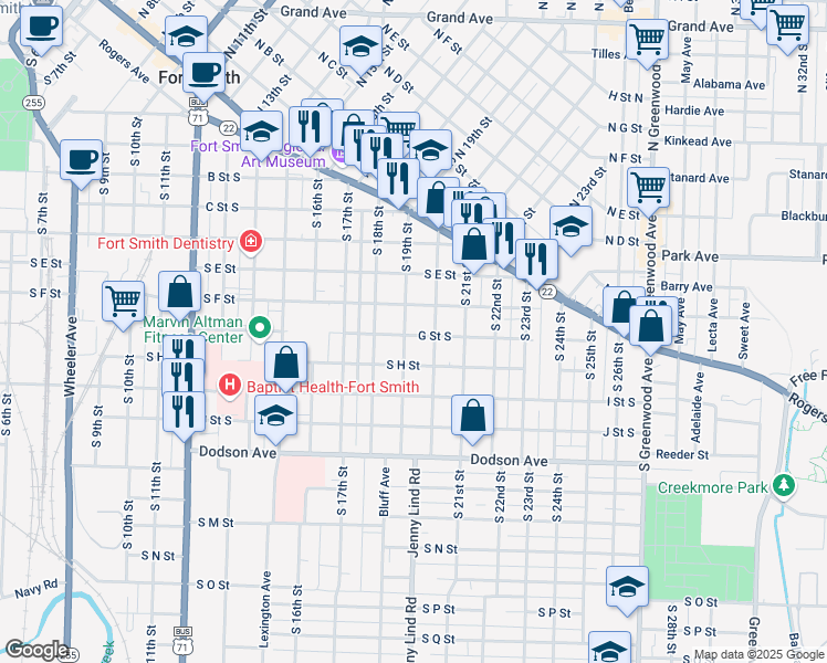 map of restaurants, bars, coffee shops, grocery stores, and more near 800 South 19th Street in Fort Smith