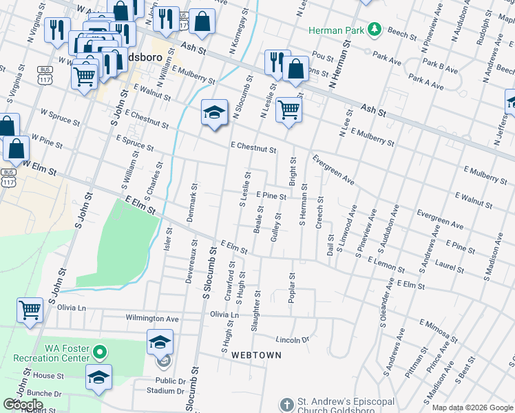 map of restaurants, bars, coffee shops, grocery stores, and more near 414 South Leslie Street in Goldsboro