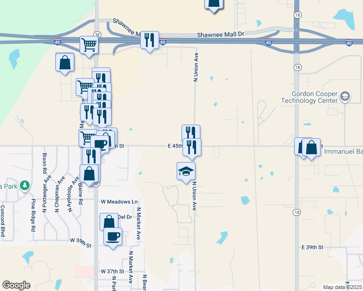 map of restaurants, bars, coffee shops, grocery stores, and more near 130 East 45th Street in Shawnee