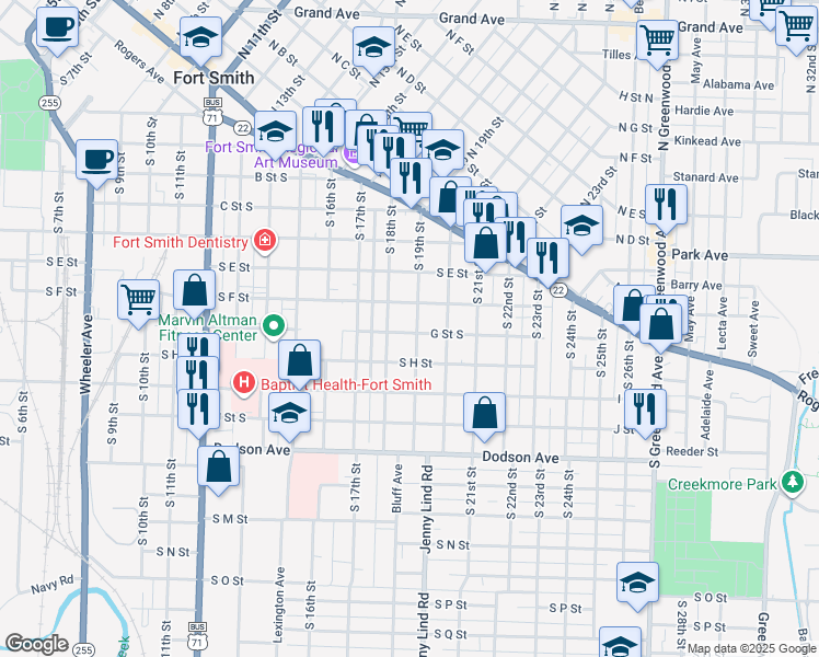 map of restaurants, bars, coffee shops, grocery stores, and more near 800 South 19th Street in Fort Smith