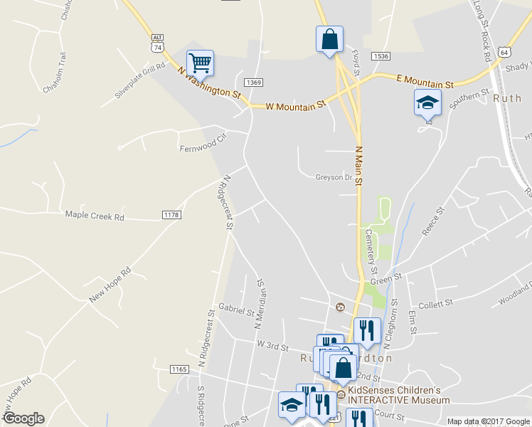 map of restaurants, bars, coffee shops, grocery stores, and more near 475 North Washington Street in Rutherfordton