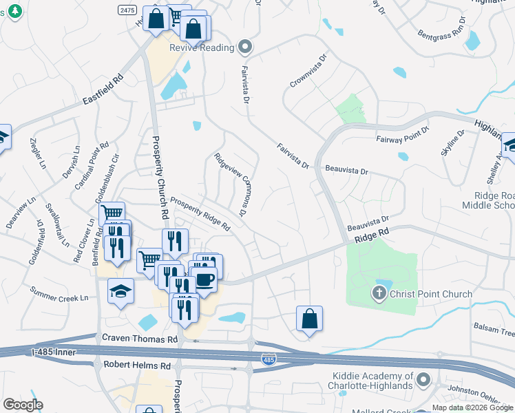 map of restaurants, bars, coffee shops, grocery stores, and more near 6232 Chavel Lane in Charlotte
