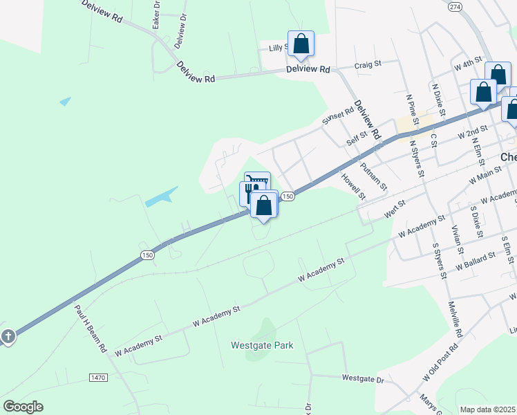 map of restaurants, bars, coffee shops, grocery stores, and more near 1209 Shelby Highway in Cherryville