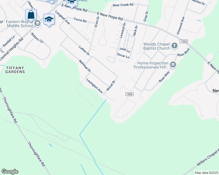 map of restaurants, bars, coffee shops, grocery stores, and more near Wood Street in Goldsboro