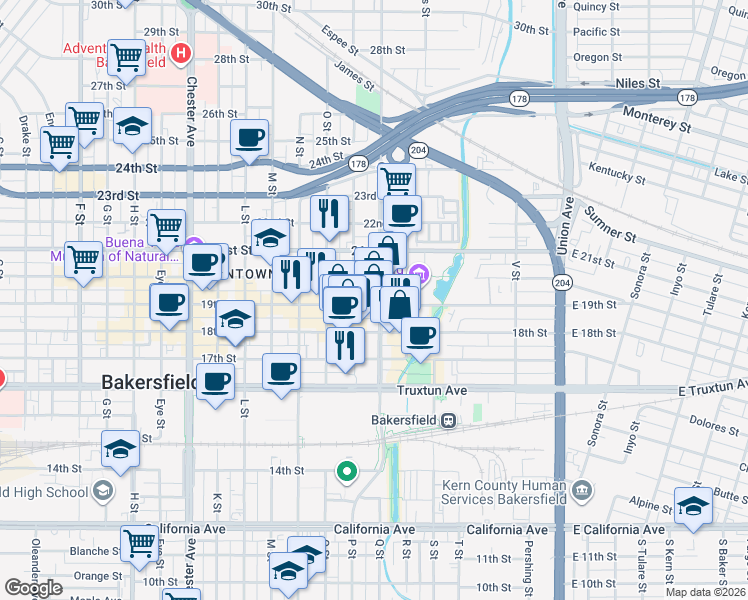 map of restaurants, bars, coffee shops, grocery stores, and more near 823 19th Street in Bakersfield