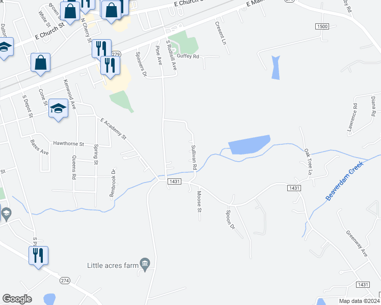 map of restaurants, bars, coffee shops, grocery stores, and more near 11 Lowry Lane in Cherryville