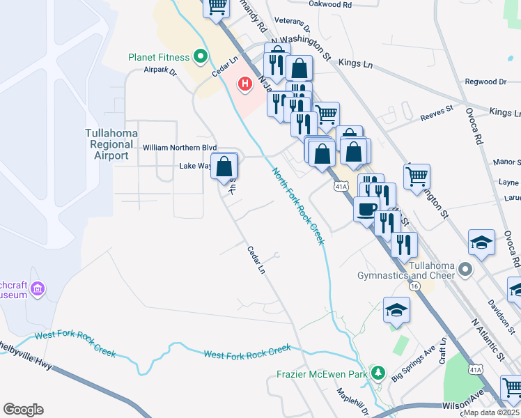 map of restaurants, bars, coffee shops, grocery stores, and more near 1310 Cedar Lane in Tullahoma