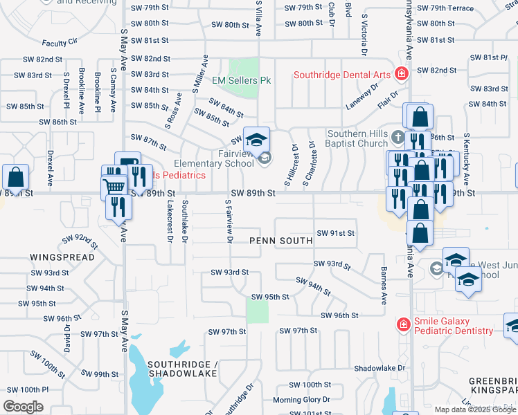 map of restaurants, bars, coffee shops, grocery stores, and more near 2449 Southwest 90th Street in Oklahoma City