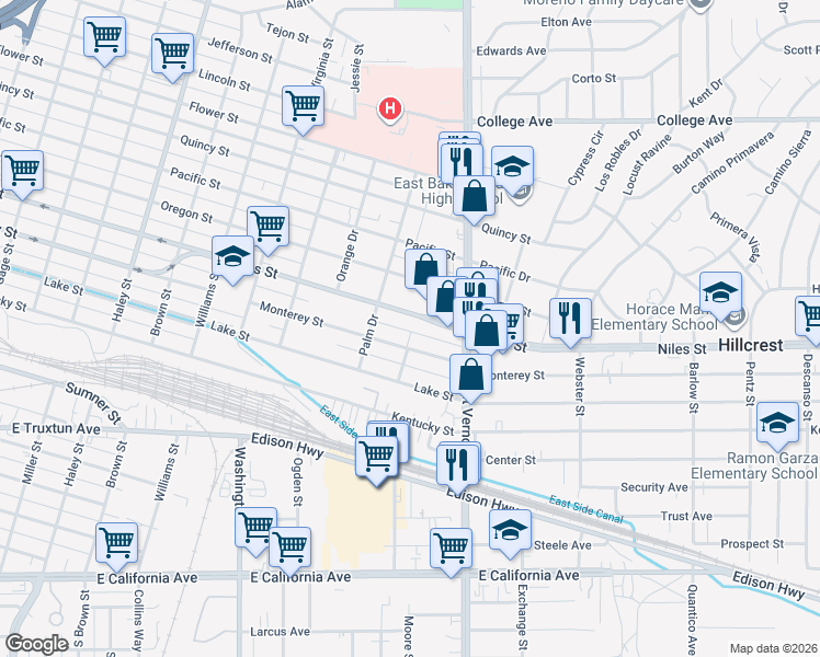 map of restaurants, bars, coffee shops, grocery stores, and more near 2039 Niles Street in Bakersfield