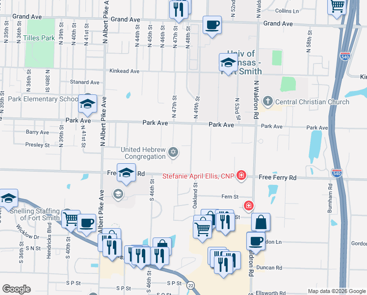 map of restaurants, bars, coffee shops, grocery stores, and more near 145 North 49th Street in Fort Smith