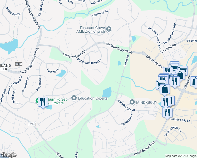 map of restaurants, bars, coffee shops, grocery stores, and more near 10524 Dominion Village Drive in Charlotte