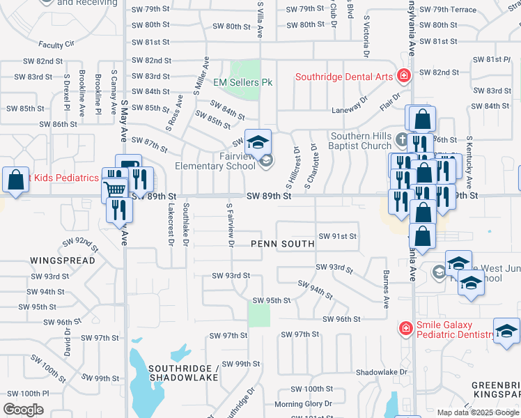 map of restaurants, bars, coffee shops, grocery stores, and more near 2500 Southwest 89th Street in Oklahoma City