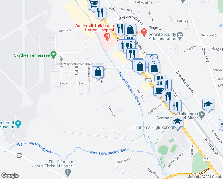 map of restaurants, bars, coffee shops, grocery stores, and more near 1310 Cedar Lane in Tullahoma