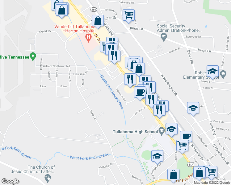 map of restaurants, bars, coffee shops, grocery stores, and more near 217 Jackson Circle in Tullahoma