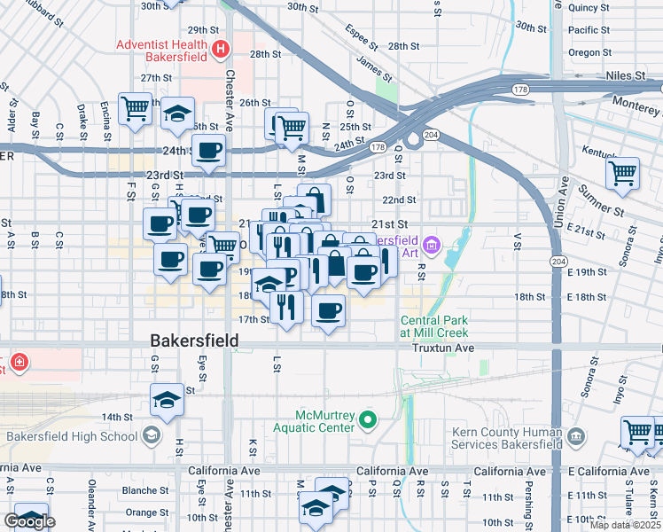 map of restaurants, bars, coffee shops, grocery stores, and more near 1101 19th Street in Bakersfield