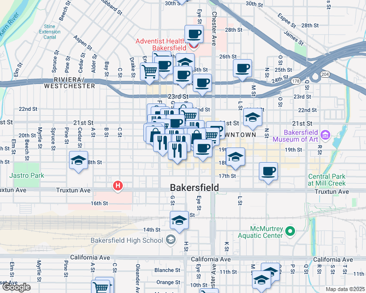 map of restaurants, bars, coffee shops, grocery stores, and more near 1721 19th Street in Bakersfield