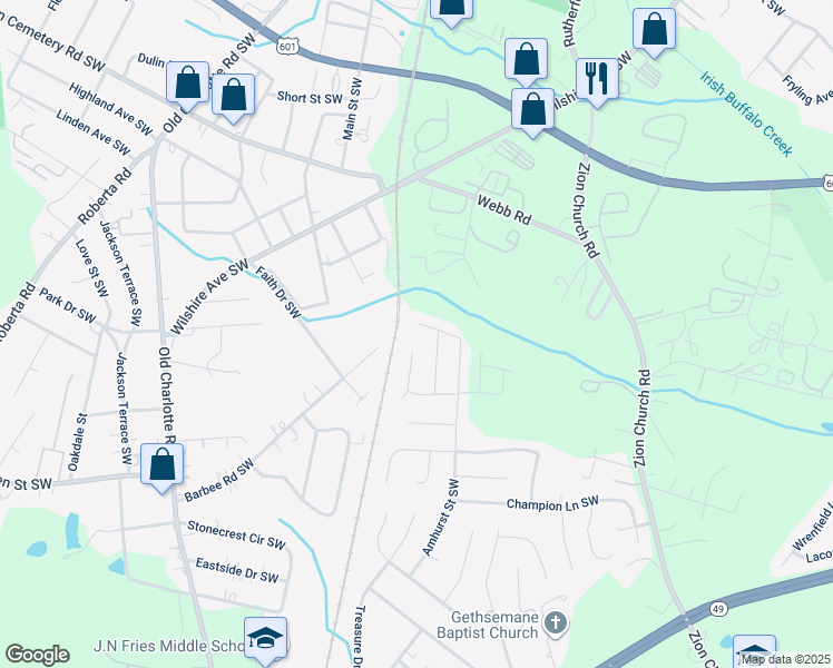 map of restaurants, bars, coffee shops, grocery stores, and more near 2885 Signal Court Southwest in Concord