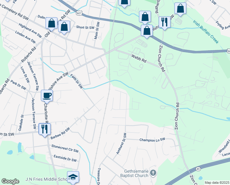 map of restaurants, bars, coffee shops, grocery stores, and more near 2885 Signal Court Southwest in Concord