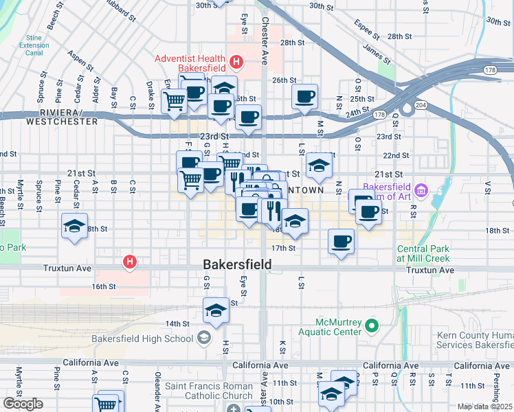 map of restaurants, bars, coffee shops, grocery stores, and more near 1825 Chester Avenue in Bakersfield