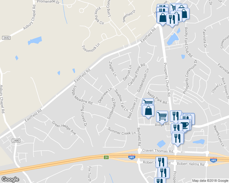 map of restaurants, bars, coffee shops, grocery stores, and more near 9307 Swallow Tail Lane in Charlotte