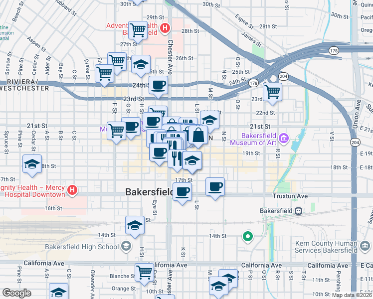 map of restaurants, bars, coffee shops, grocery stores, and more near 1401 19th Street in Bakersfield