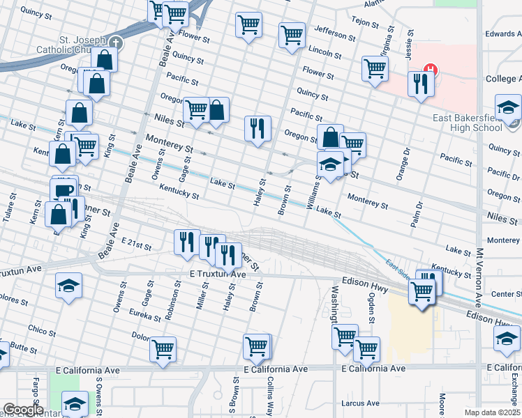 map of restaurants, bars, coffee shops, grocery stores, and more near 1330 Kentucky Street in Bakersfield