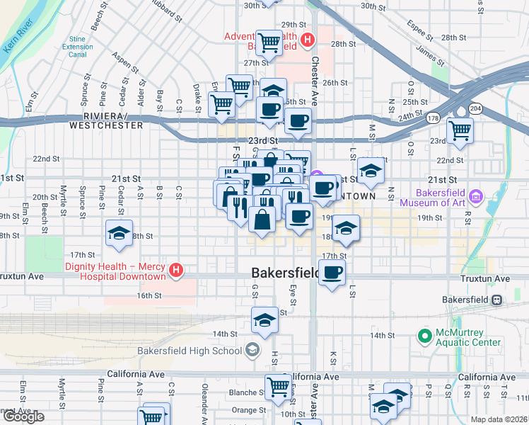 map of restaurants, bars, coffee shops, grocery stores, and more near 1721 19th Street in Bakersfield