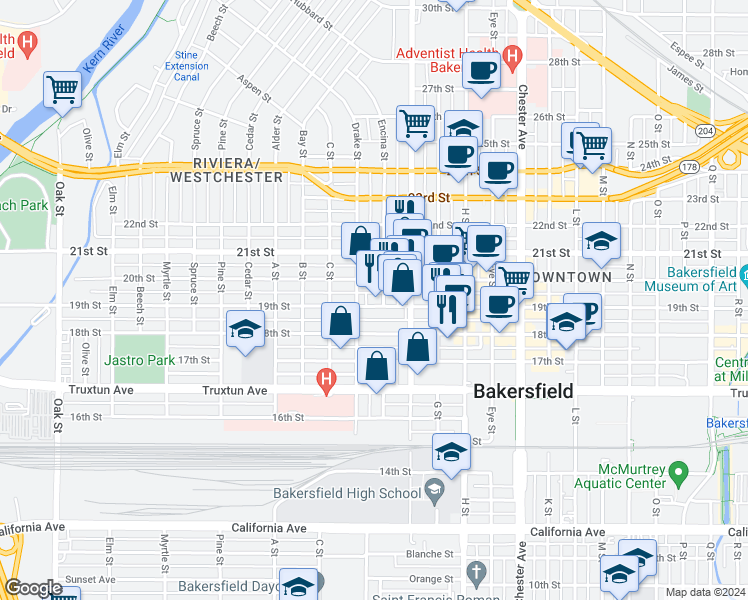 map of restaurants, bars, coffee shops, grocery stores, and more near 2011 19th Street in Bakersfield