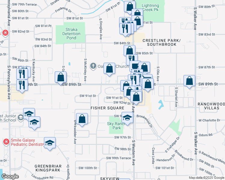 map of restaurants, bars, coffee shops, grocery stores, and more near 1009 Southwest 91st Street in Oklahoma City