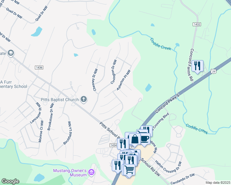 map of restaurants, bars, coffee shops, grocery stores, and more near 4866 Bentridge Drive Northwest in Concord