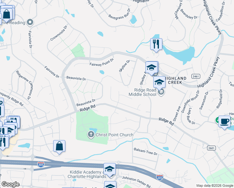 map of restaurants, bars, coffee shops, grocery stores, and more near 6027 Edinmeadow Lane in Charlotte