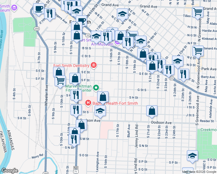 map of restaurants, bars, coffee shops, grocery stores, and more near 711 Lexington Avenue in Fort Smith