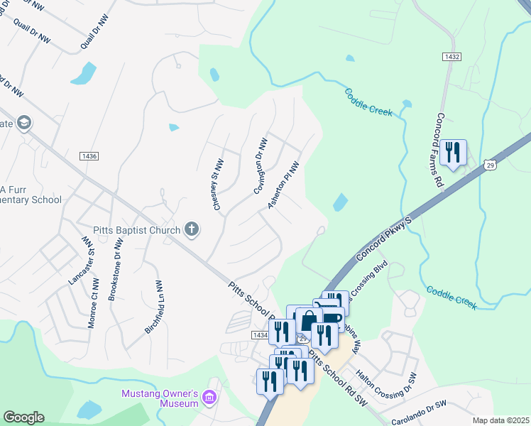 map of restaurants, bars, coffee shops, grocery stores, and more near 4866 Bentridge Drive Northwest in Concord
