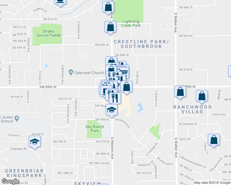 map of restaurants, bars, coffee shops, grocery stores, and more near 9020 South Western Avenue in Oklahoma City