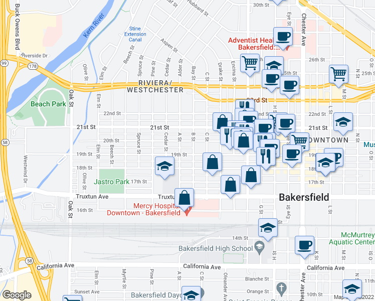 map of restaurants, bars, coffee shops, grocery stores, and more near 2229 19th Street in Bakersfield