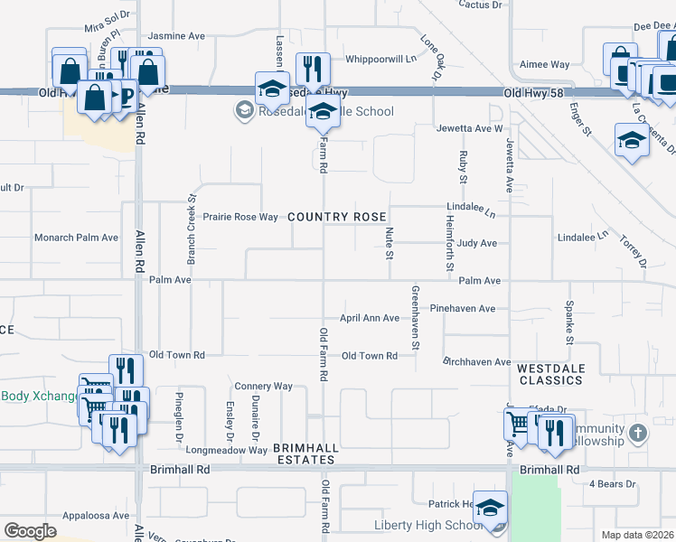 map of restaurants, bars, coffee shops, grocery stores, and more near 12009 Palm Avenue in Bakersfield