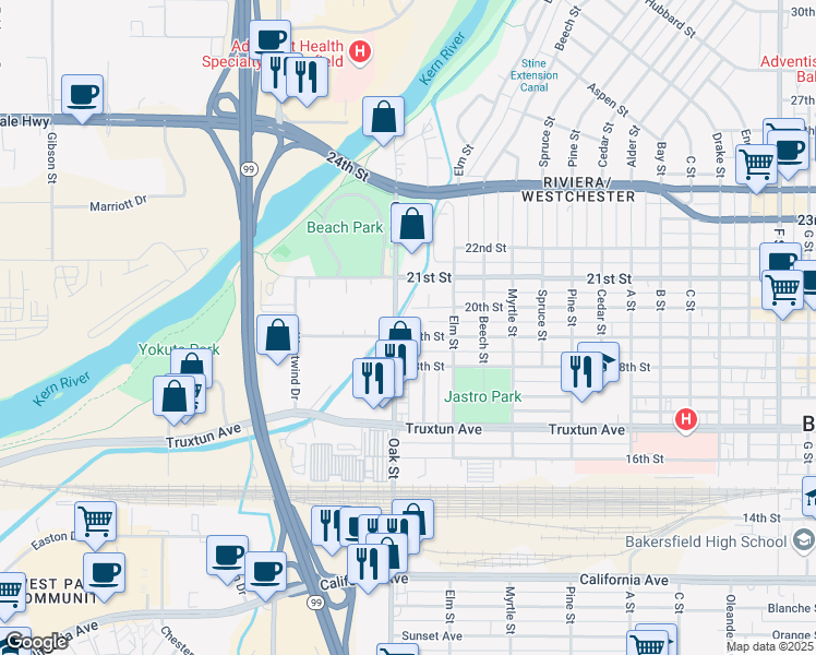 map of restaurants, bars, coffee shops, grocery stores, and more near 3127 19th Street in Bakersfield