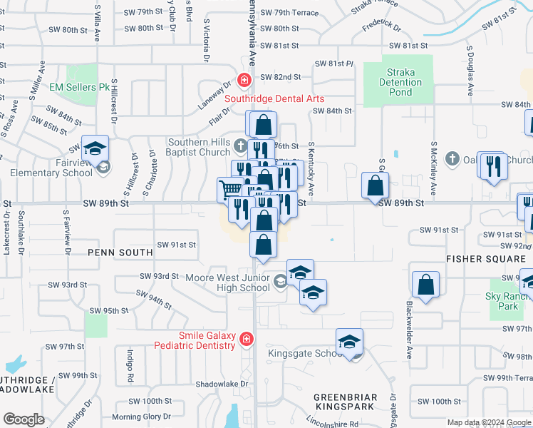 map of restaurants, bars, coffee shops, grocery stores, and more near 9000 South Pennsylvania Avenue in Oklahoma City