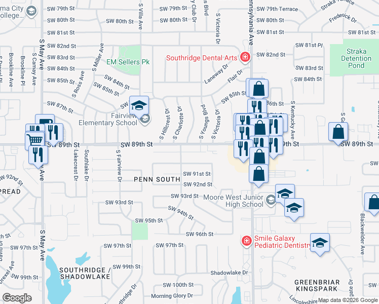 map of restaurants, bars, coffee shops, grocery stores, and more near 2329 Southwest 90th Street in Oklahoma City