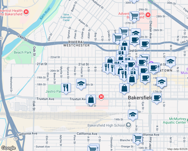 map of restaurants, bars, coffee shops, grocery stores, and more near 2229 19th Street in Bakersfield