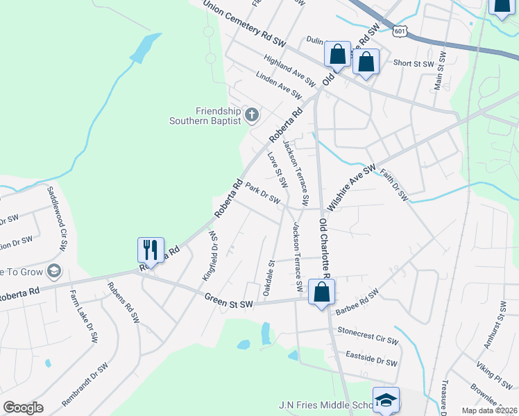 map of restaurants, bars, coffee shops, grocery stores, and more near 60 Pinecrest Drive Southwest in Concord