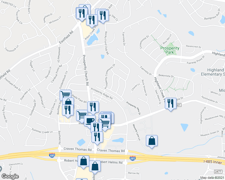 map of restaurants, bars, coffee shops, grocery stores, and more near 4955 Prosperity Ridge Road in Charlotte