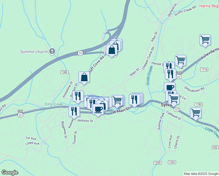 map of restaurants, bars, coffee shops, grocery stores, and more near 196 Allen Street in Sylva