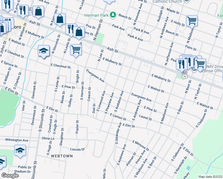map of restaurants, bars, coffee shops, grocery stores, and more near 1112 Evergreen Avenue in Goldsboro