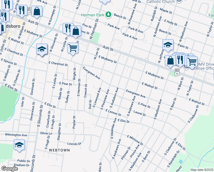 map of restaurants, bars, coffee shops, grocery stores, and more near 1112 Evergreen Avenue in Goldsboro