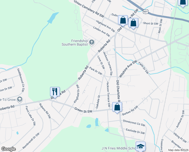 map of restaurants, bars, coffee shops, grocery stores, and more near 60 Pinecrest Drive Southwest in Concord