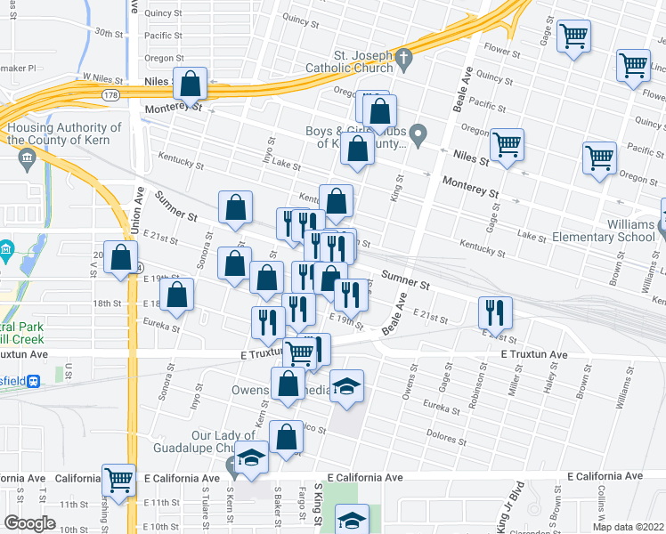 map of restaurants, bars, coffee shops, grocery stores, and more near 623 Sumner Street in Bakersfield