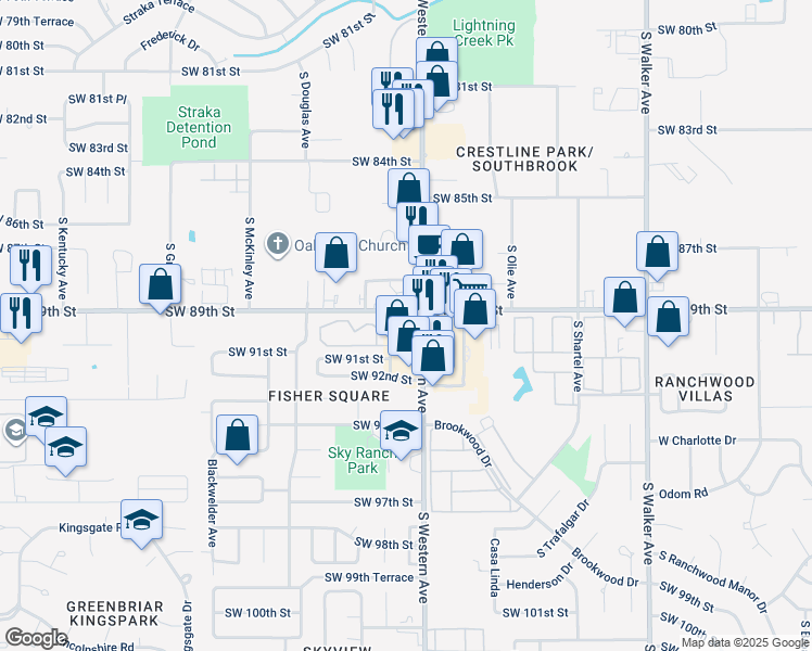 map of restaurants, bars, coffee shops, grocery stores, and more near 905 Southwest 91st Street in Oklahoma City