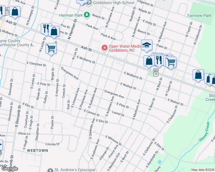 map of restaurants, bars, coffee shops, grocery stores, and more near 1400-1498 East Evergreen Avenue in Goldsboro